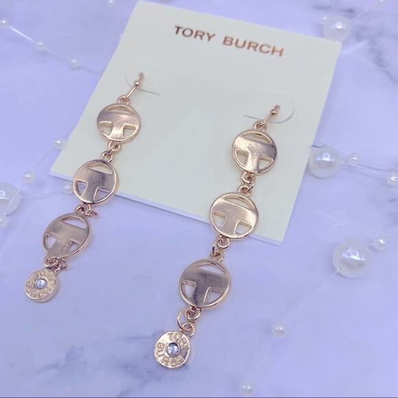 New Tory Burch Gold Round Drop T French Wire Dangle Earrings - Picture 6 of 7